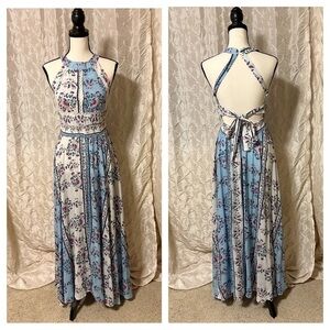 Jaase Endless Summer Bohemian Maxi Dress Blue White Floral Halter Cutout